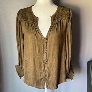 ANTHROPOLOGIE Cacee Jacquard Reptile Print V-Neck Olive Balloon Sleeve Top
